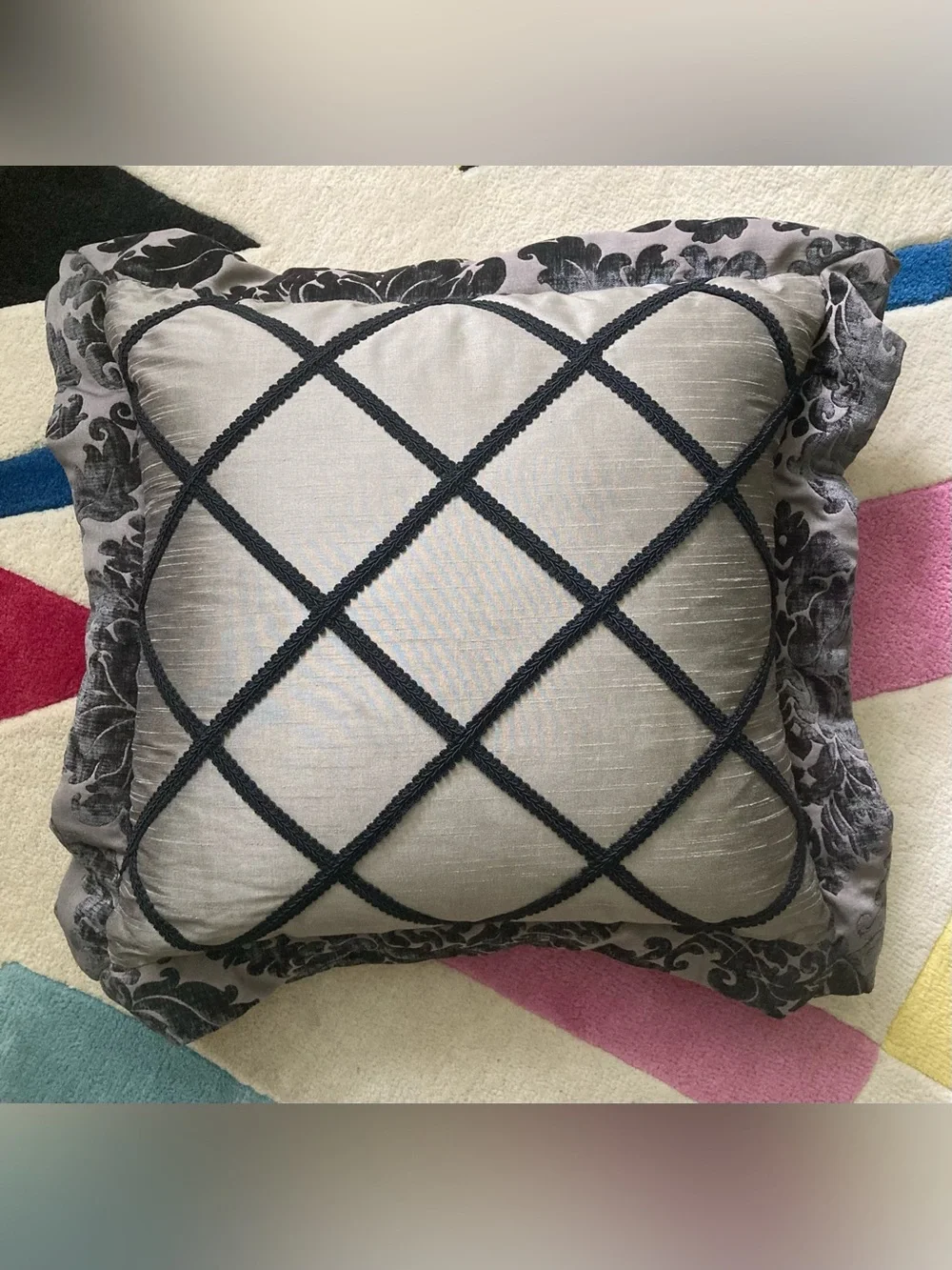 Frontgate Marmont Pewter Grey Velvet Damascus Black Lattice Throw Pillow 20”